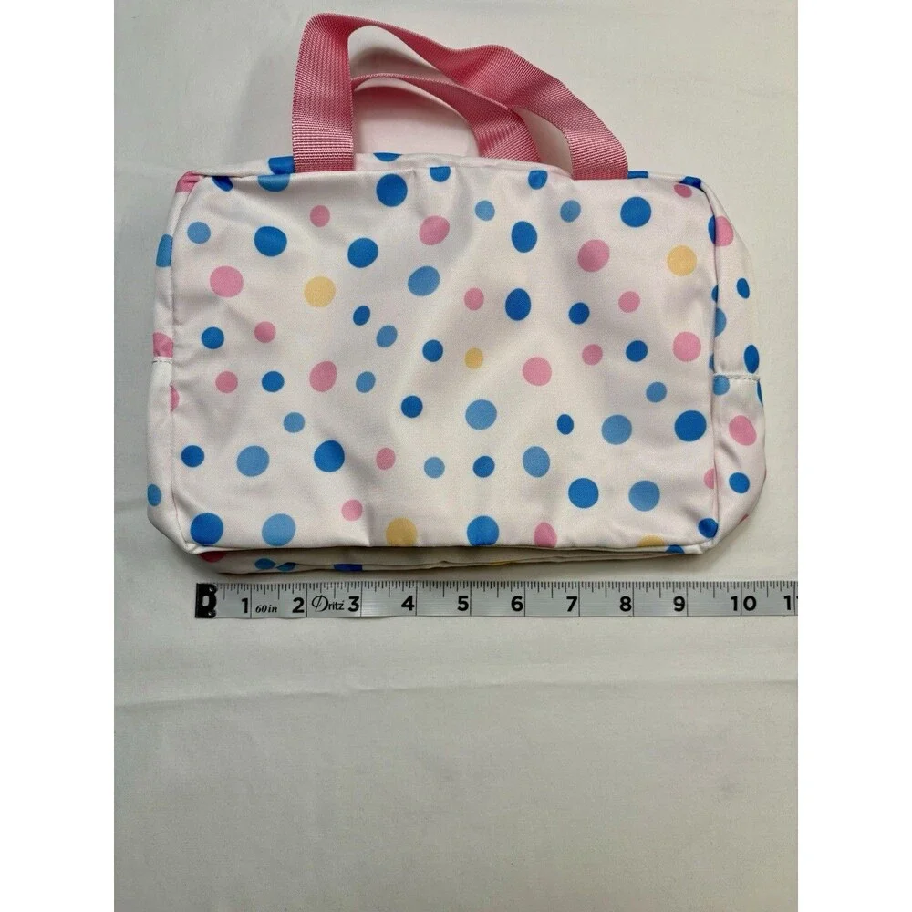Polka Dot Makeup Bag White Pink Blue Yellow Zipper Handle 10in x 5in